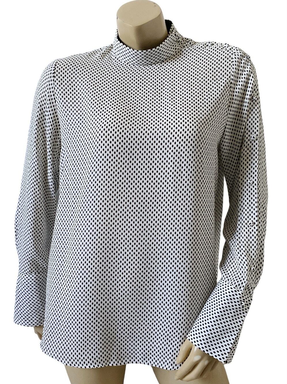 Who What Wear Top Womens M Black White Polka Dot Mock Neck Side Button Blouse
